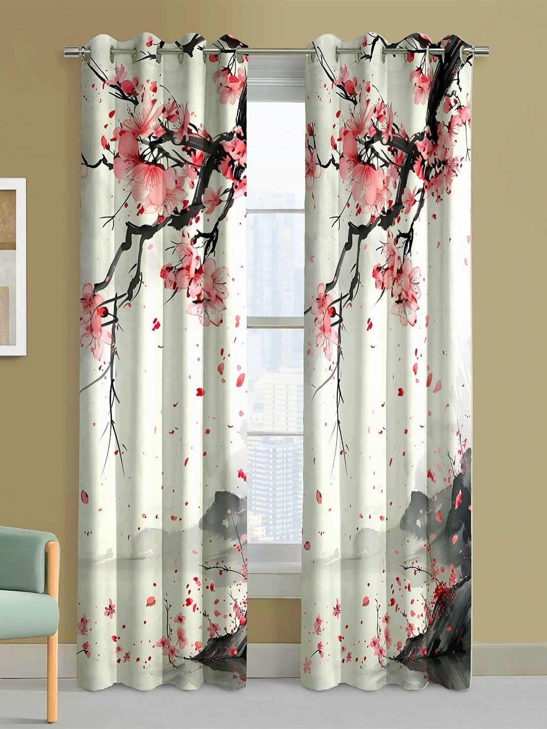Steve & Anderson Jester Set of 2 Pink And Black Floral Printed Door Curtain (7 Feet)