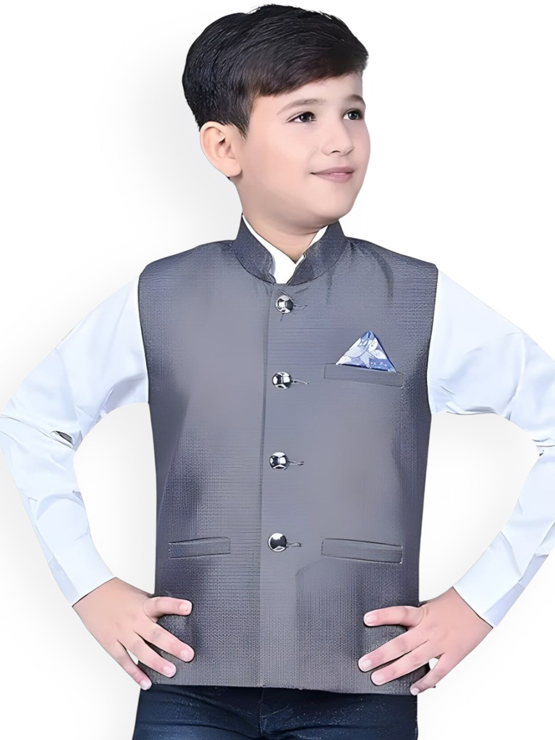 Qitty Boys Mandarin Collar Cotton Jute Nehru Jacket With Shirt & Pocket Square