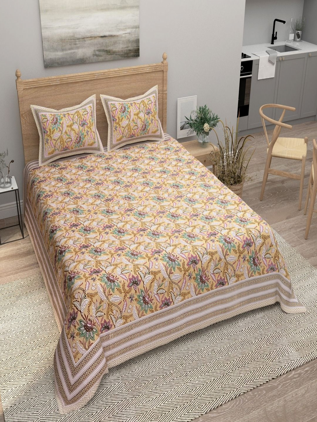Myntra Elegant Homes Traditional Beige Floral Cotton 180 TC King Fine Bedsheet with 2 Pillow Covers-108 x 100 inches
