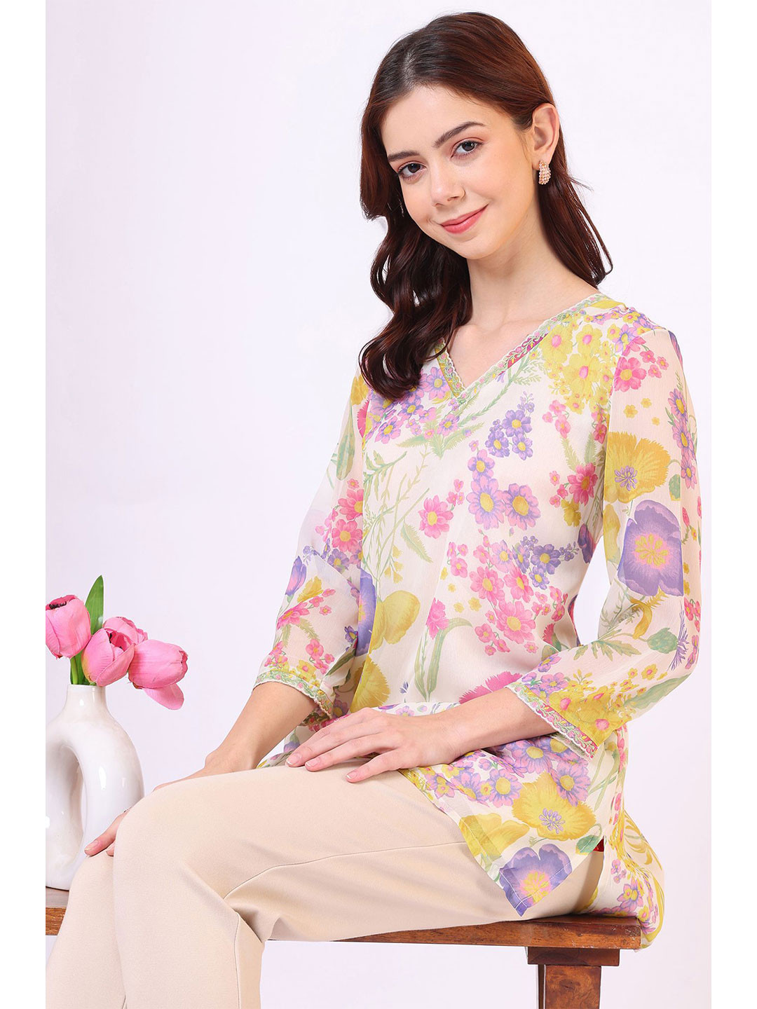 W Floral Print Top v neck top