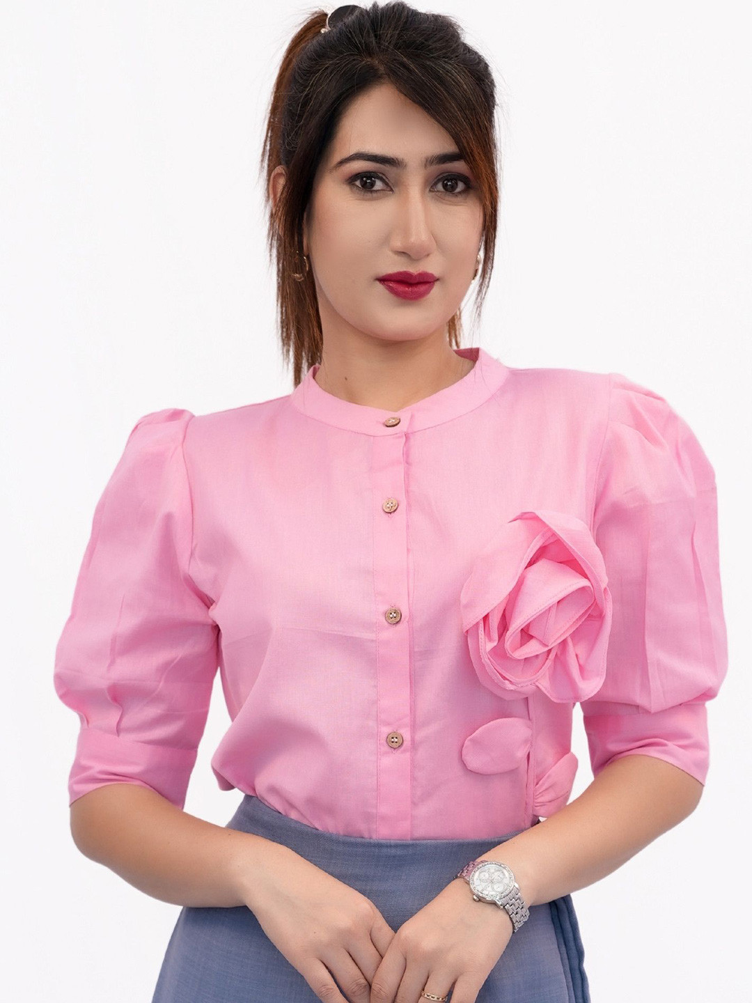 BELLO DONA CLOTHING Mandarin Collar Flower Applique Puff Sleeve Cotton Top