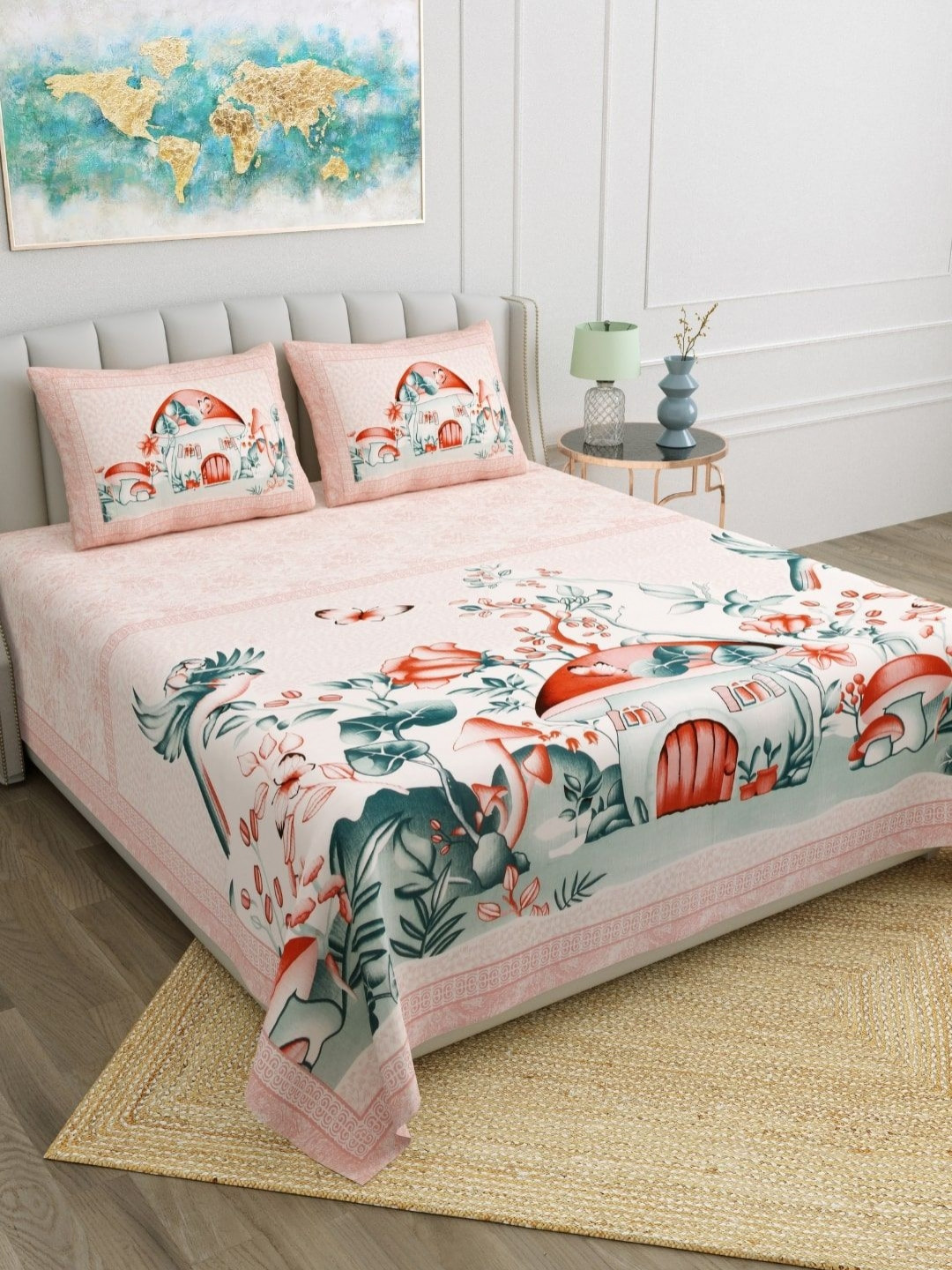 BED-SHEET.COM Pink & Green Floral Printed Cotton 180 TC King Bedsheet Set 2.28 m x 2.74 m
