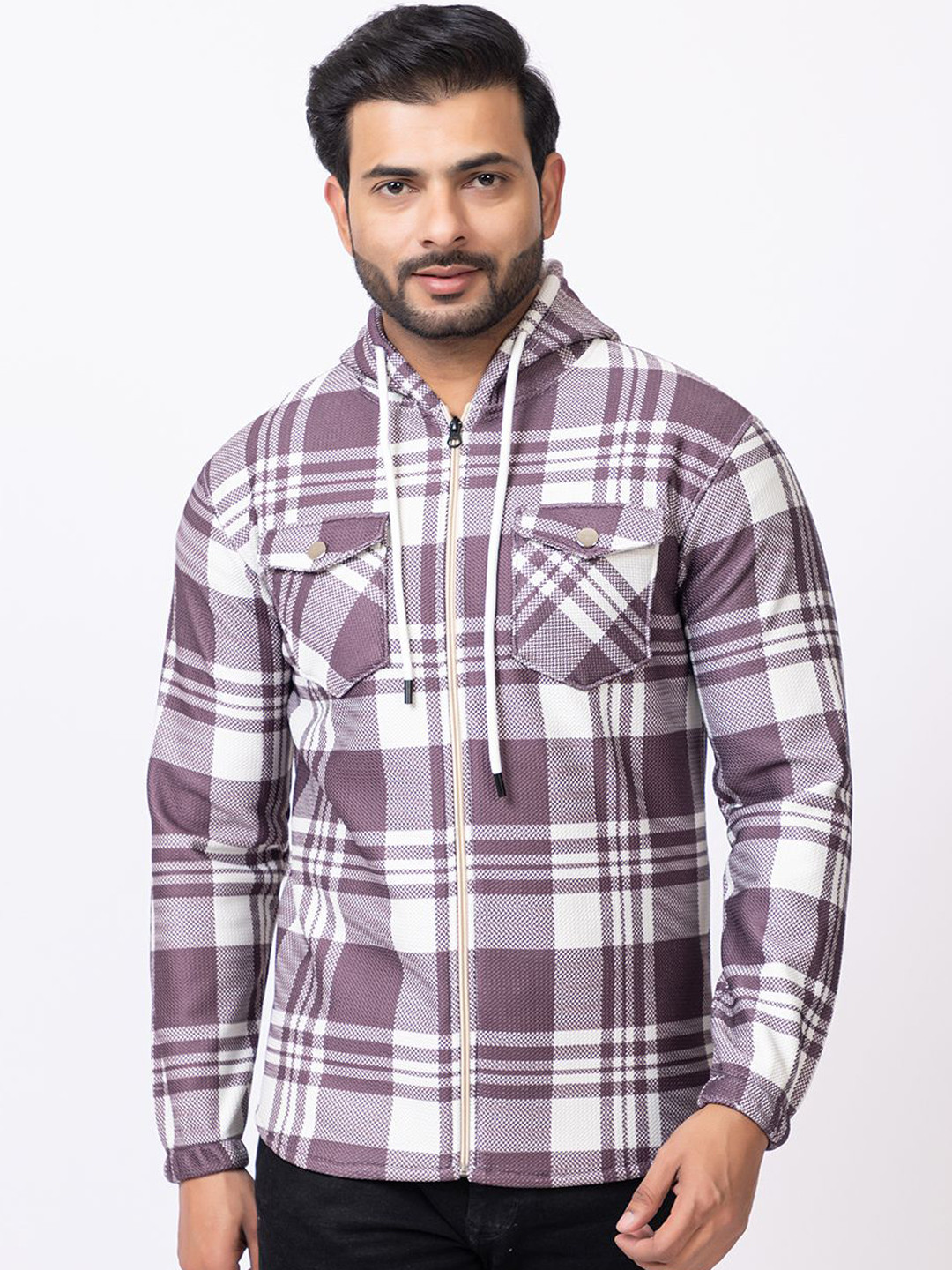 GEE 5 Men Hooded Checked Woollen Casual Bomber Jacket