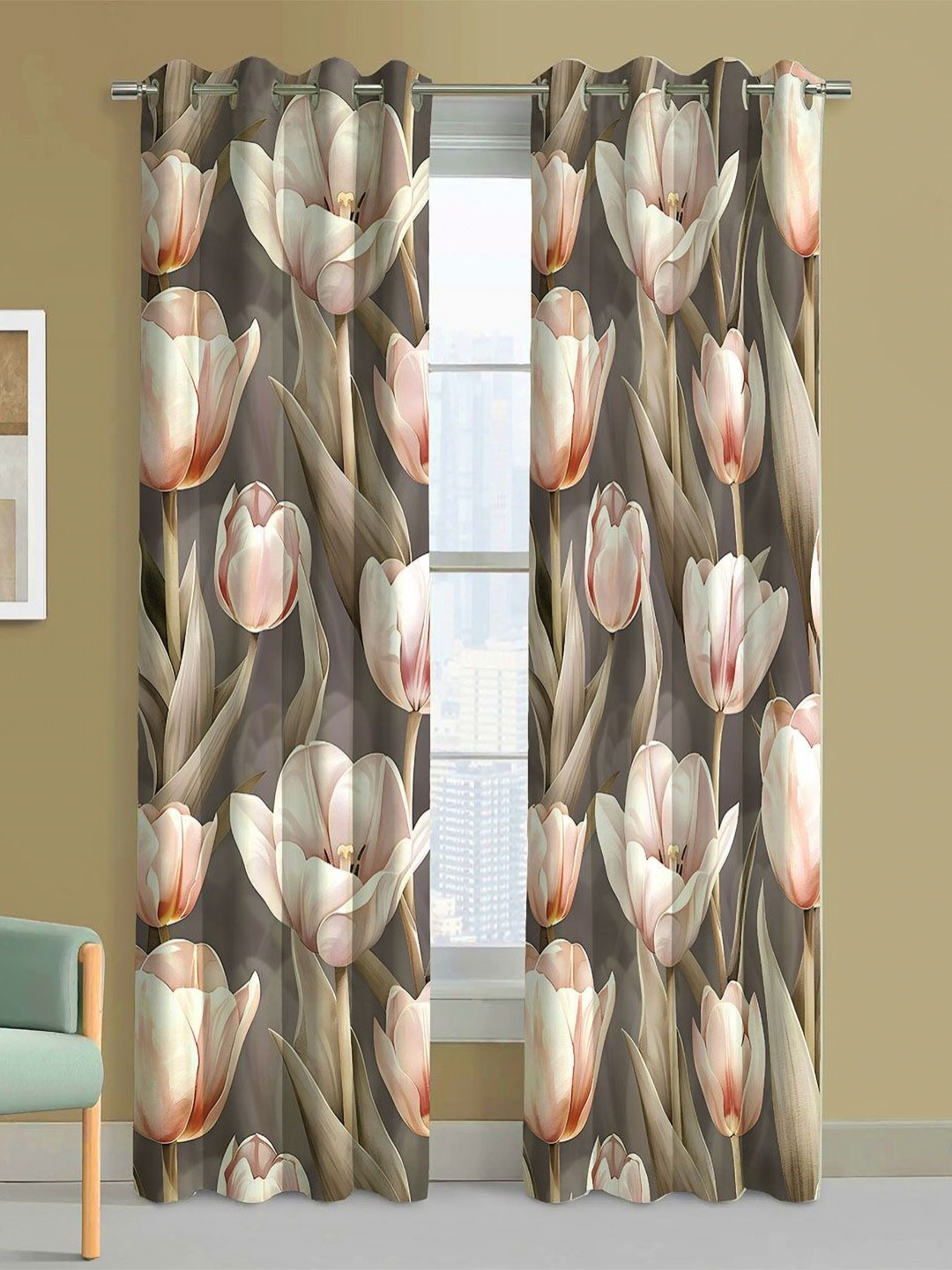 Steve & Anderson Bliss Peach And Grey 2 Pieces Floral Printed Long Door Curtains (9Feet)