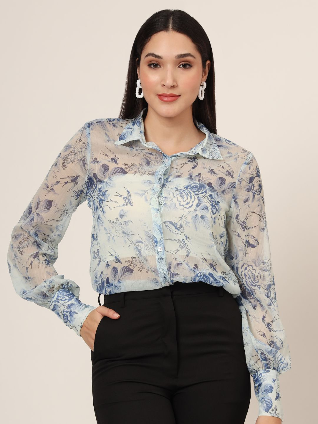 AMSWAN Women Comfort Fit Spread Collar Floral Printed Chiffon Casual Shirt