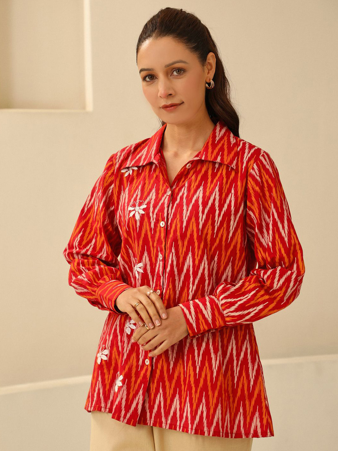 House of Chikankari Red Women Woven Pure Cotton Chikankari Shirt