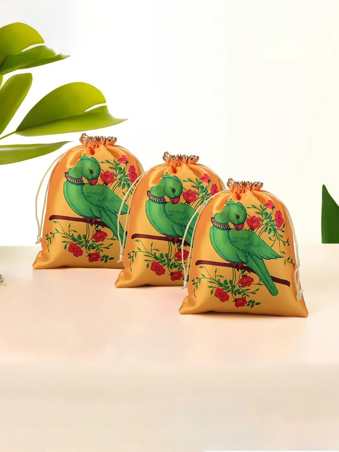 Kuber Industries Yellow & Green 3 Pieces Parrot Printed Satin Potli Clutchs