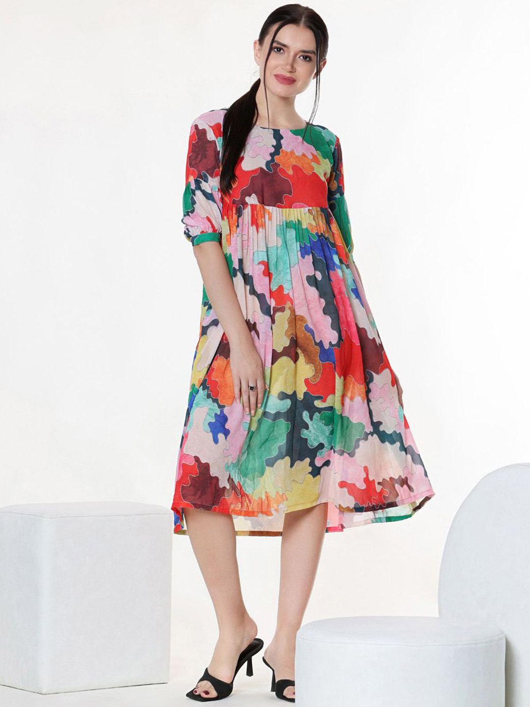 aaRVee STUDIO Print Puff Sleeve Georgette A-Line Midi Dress