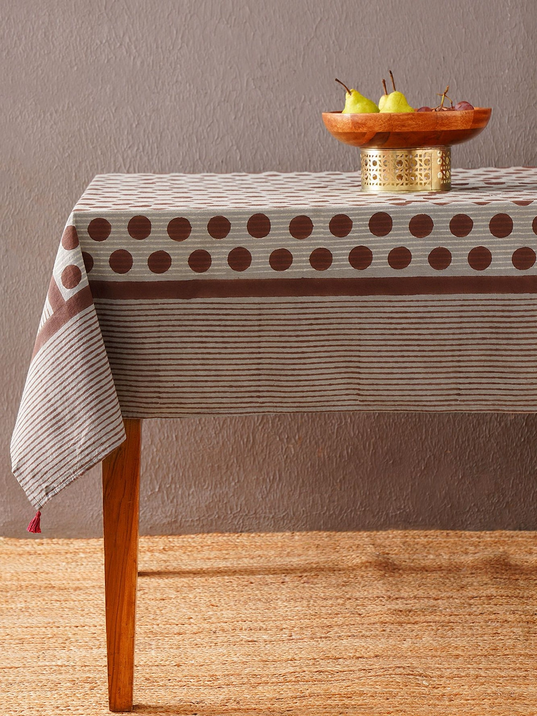 JAYPORE Brown & Grey Geometric Printed Cotton 4-Seater Table Cover