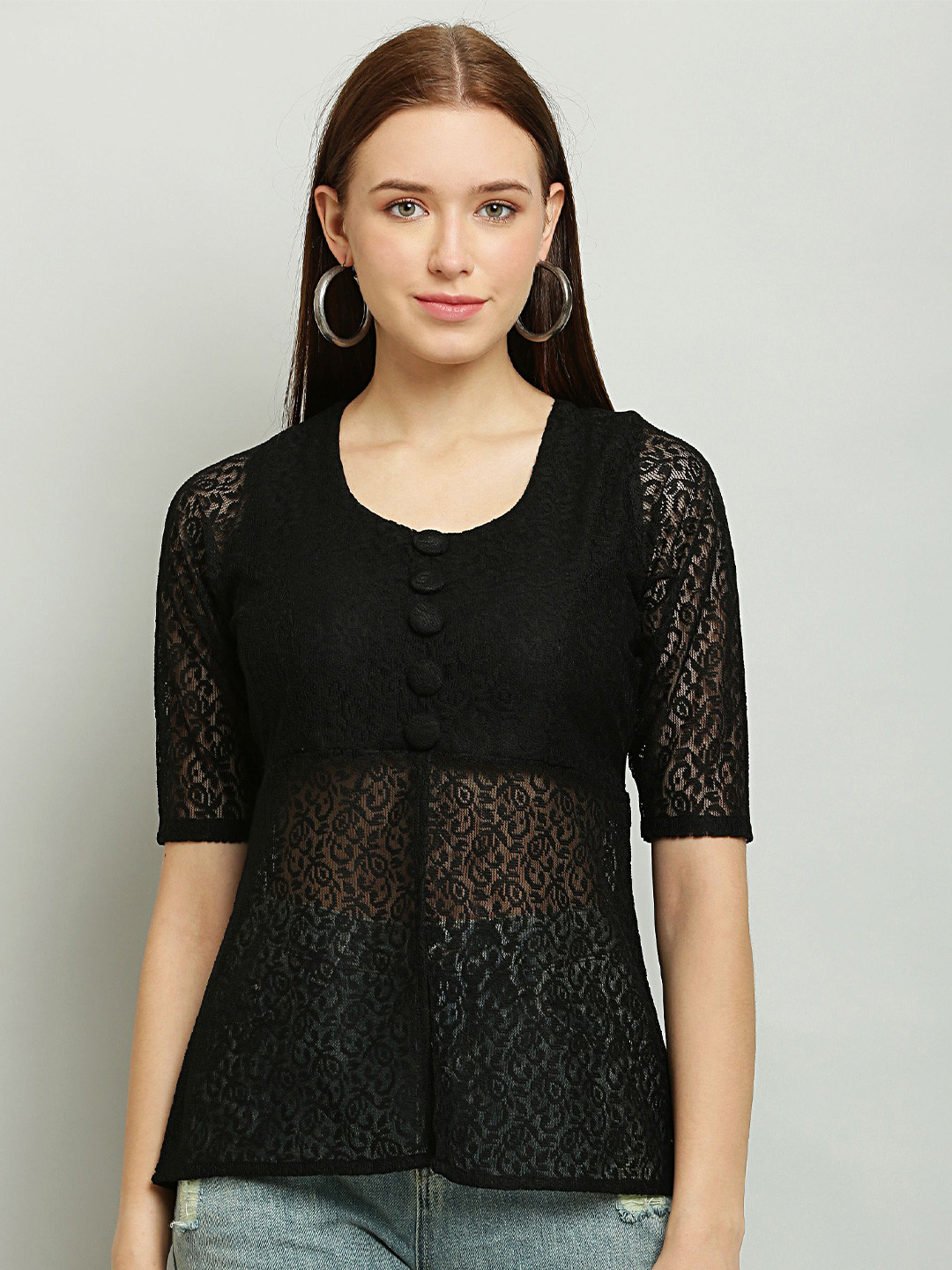 Sash Roll-Up Sleeves Lace Top