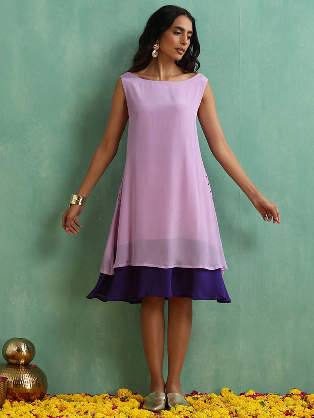 indy Raaga Chiffon A-Line Boat Neck Sleeveless Dress