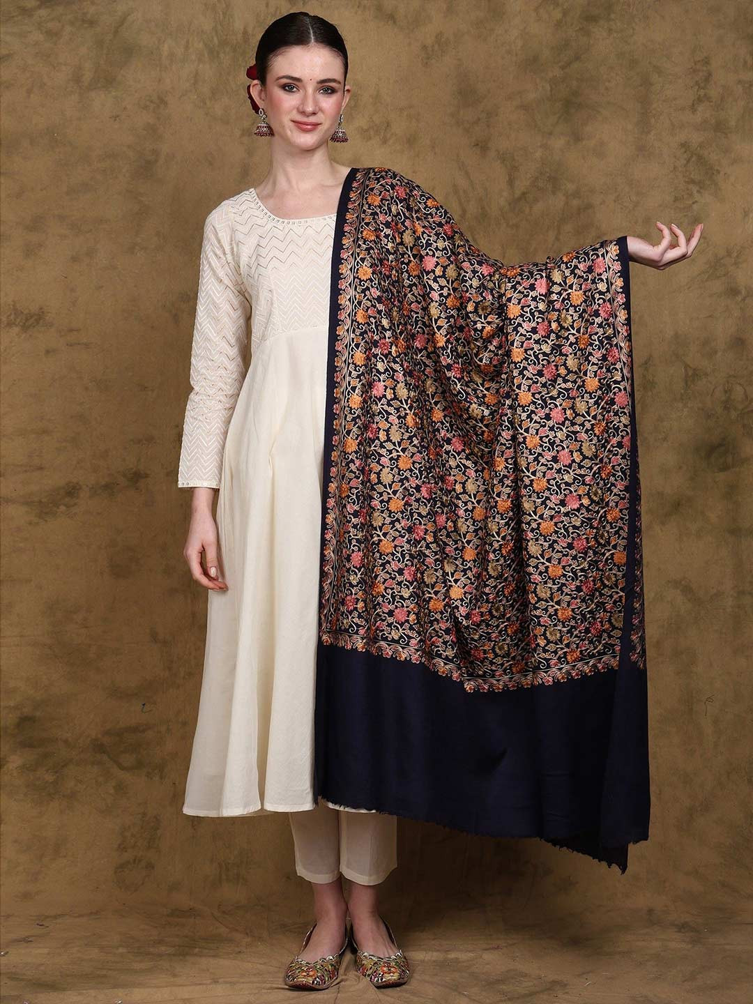 Exotic India Pure Wool Blue Shawl with Chain Stitch Embroidered Floral Jaal