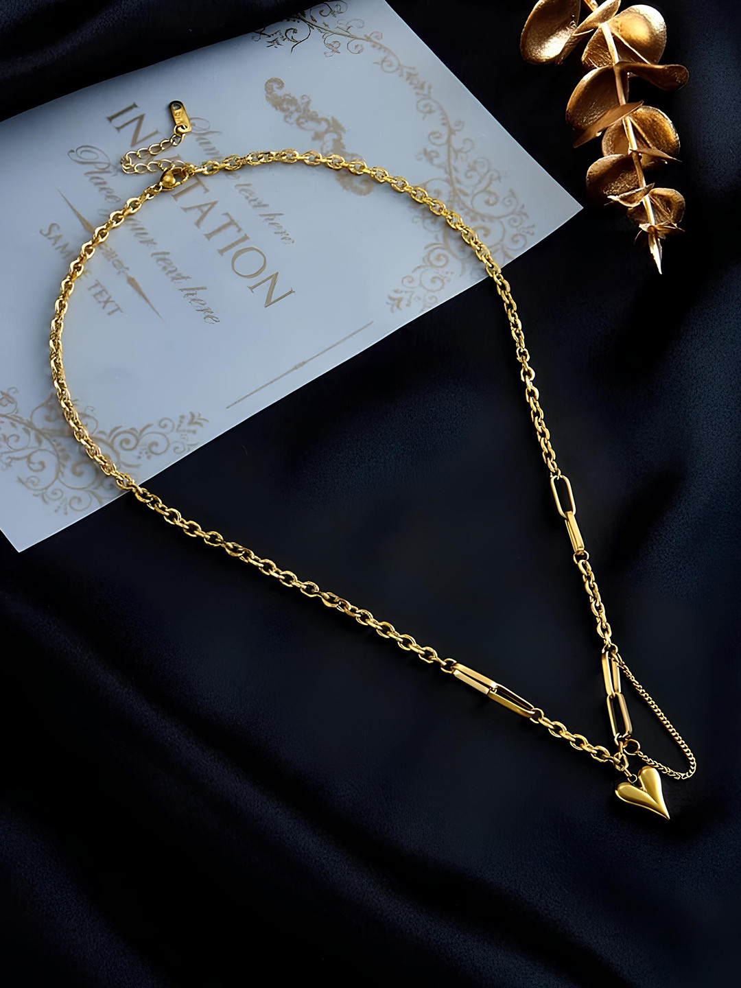 KARISHMA KREATIONS Gold-Plated Stainless Steel Lock Bone Heart Shaped Minimal Chains