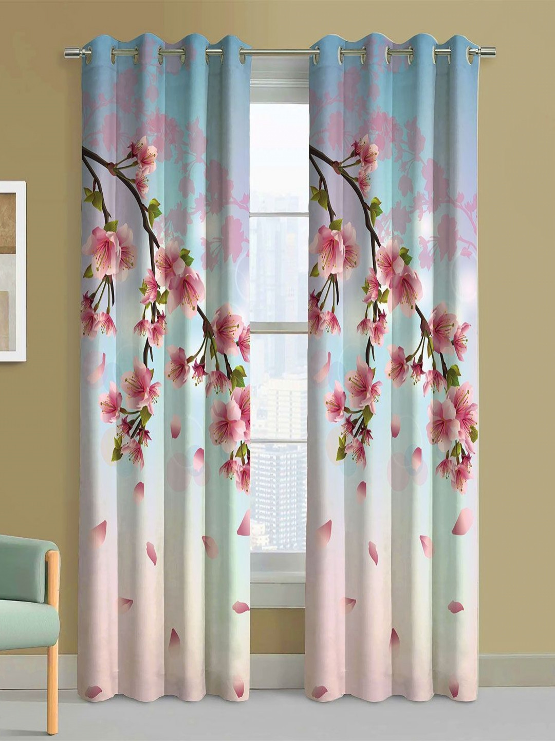 Steve & Anderson Jester Blue & Pink 2 Pieces Floral Printed Door Curtains (7 Feet)