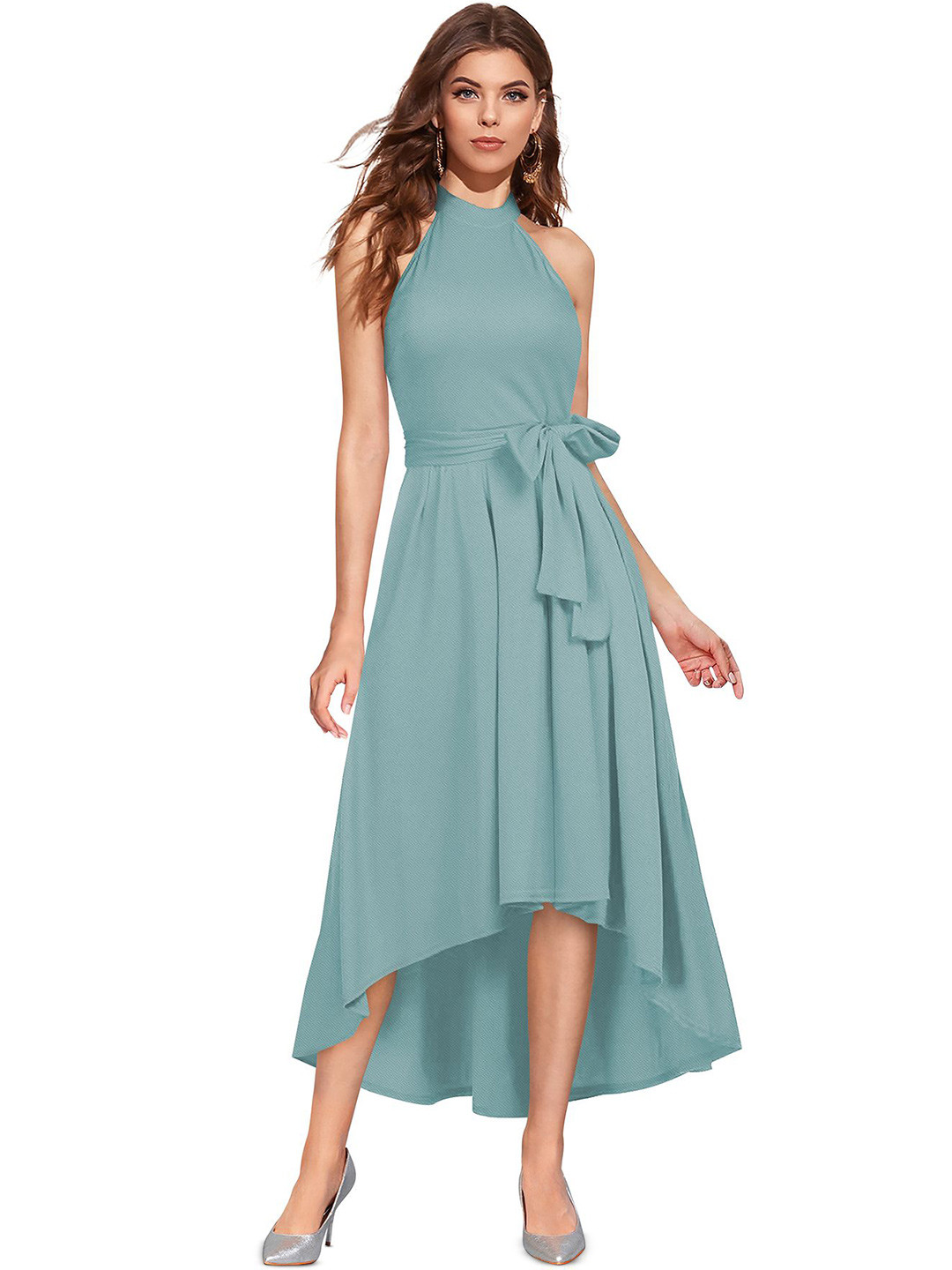 S.K.C Halter Neck High-Low Hem Fit & Flare Midi Dress
