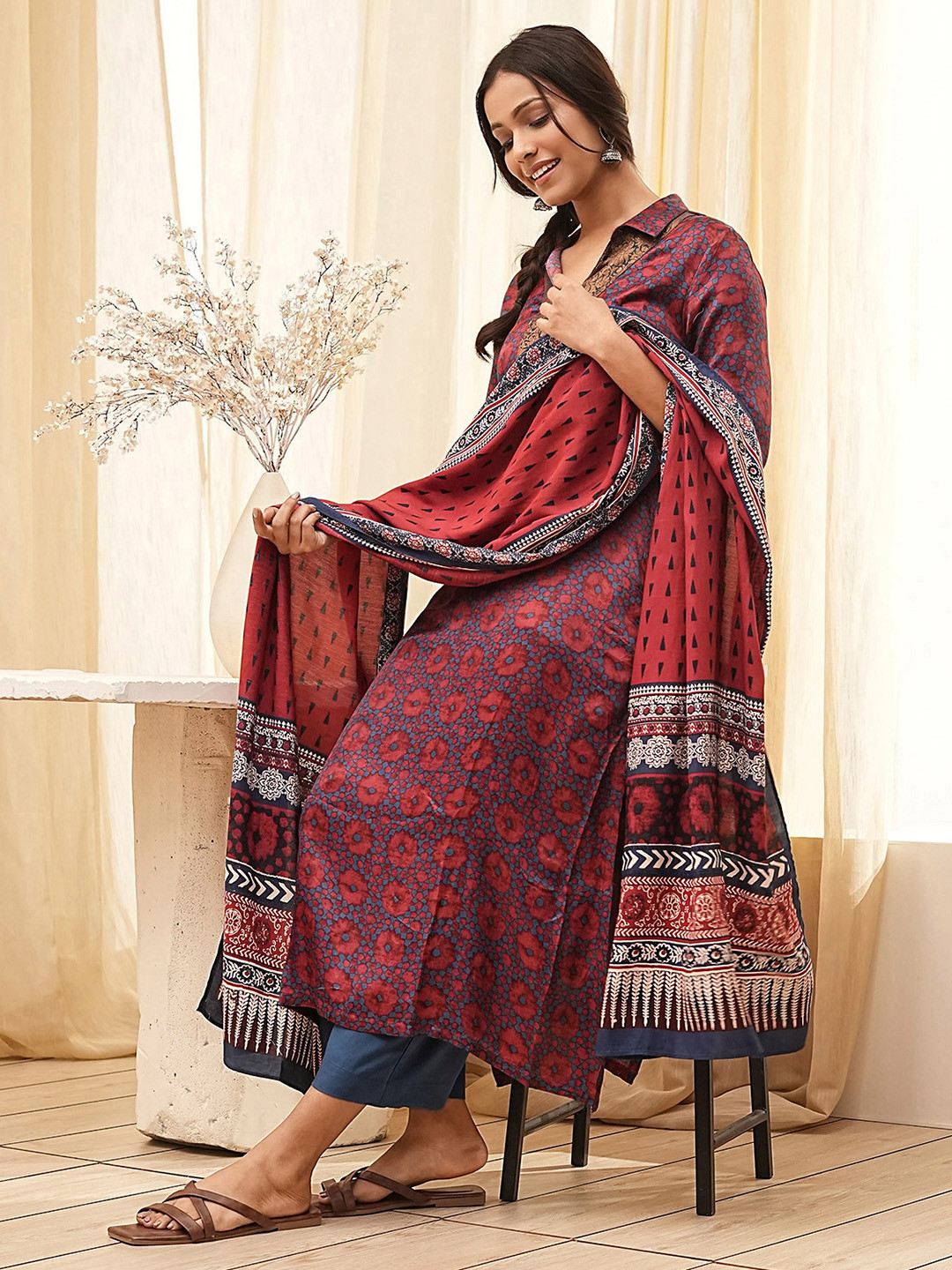 Biba Floral Printed Shirt Collar A-Line Kurta With Palazzos And Dupatta