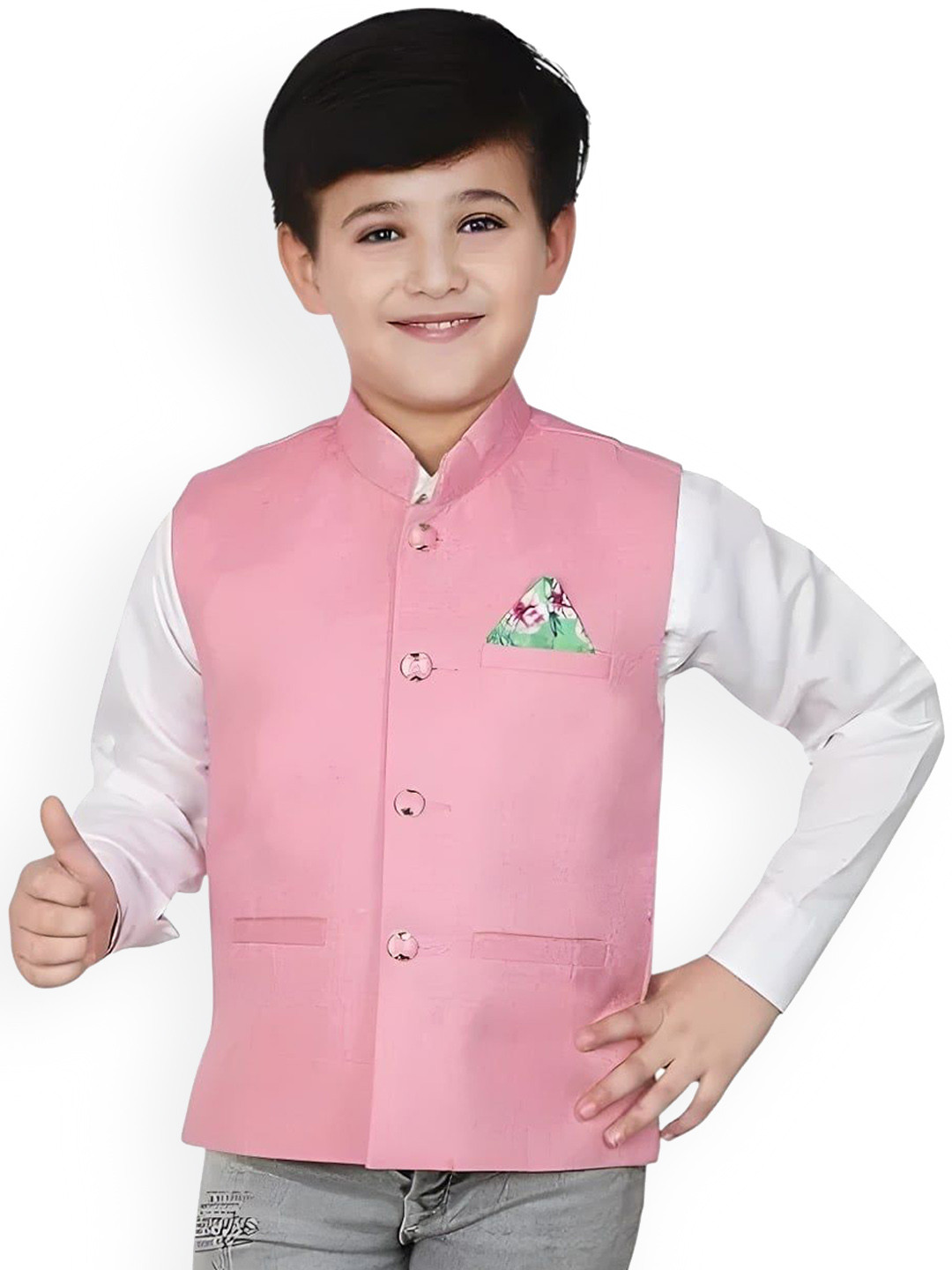 Qitty Boys Mandarin Collar Cotton Jute Nehru Jacket With Shirt & Pocket Square