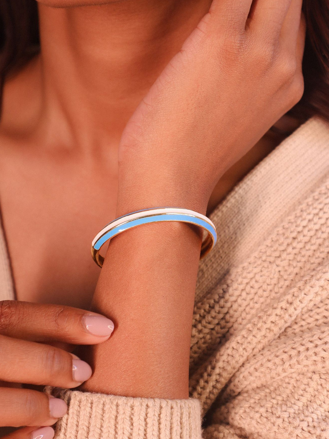 House of Pehr 1 Pc Gold Plated Light Blue & White Kada Style Stylish Bracelet