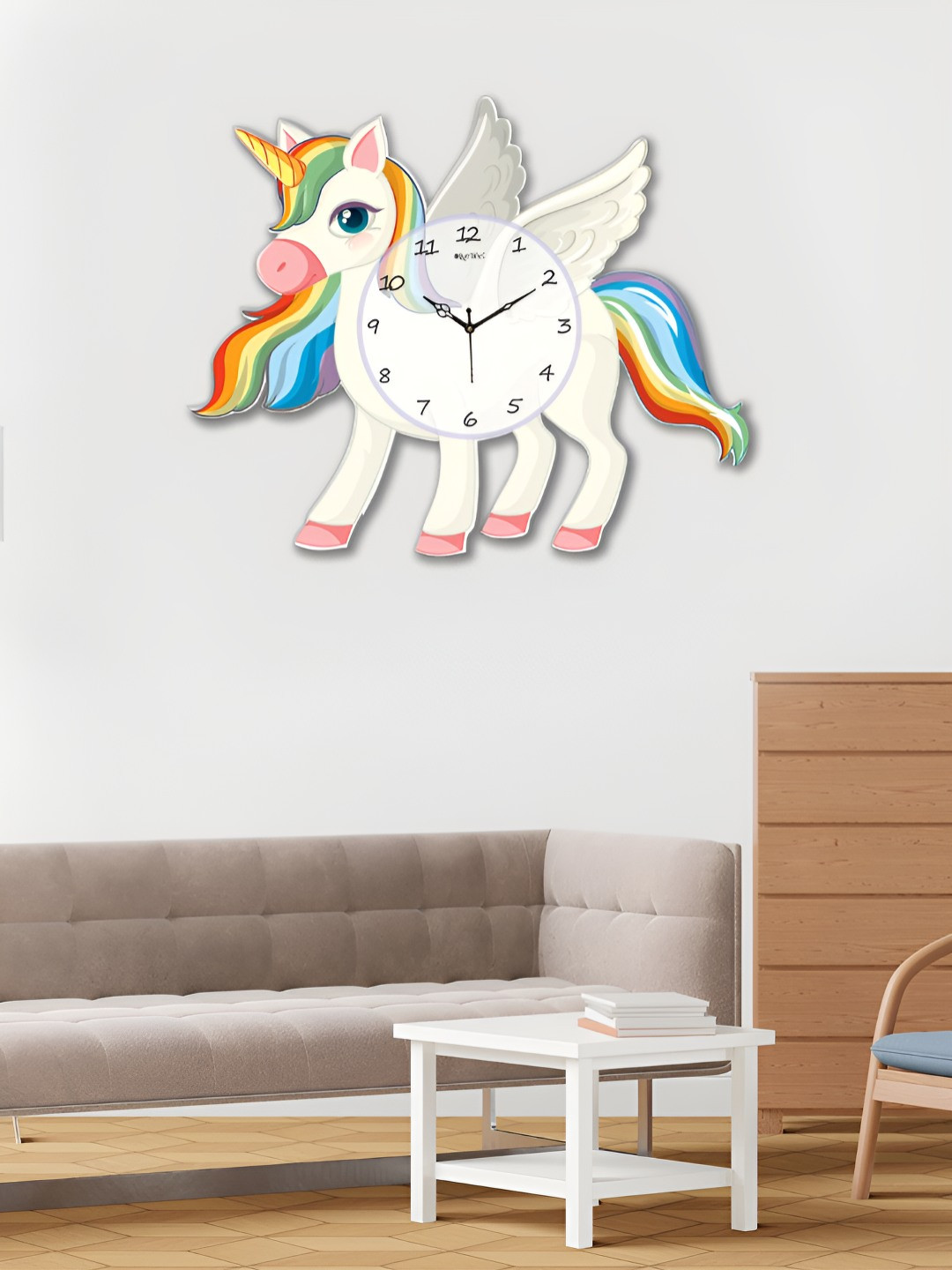 OLIVE TREE Kids White Analogue Wooden Unicorn Shaped Contemporary Wall Clock