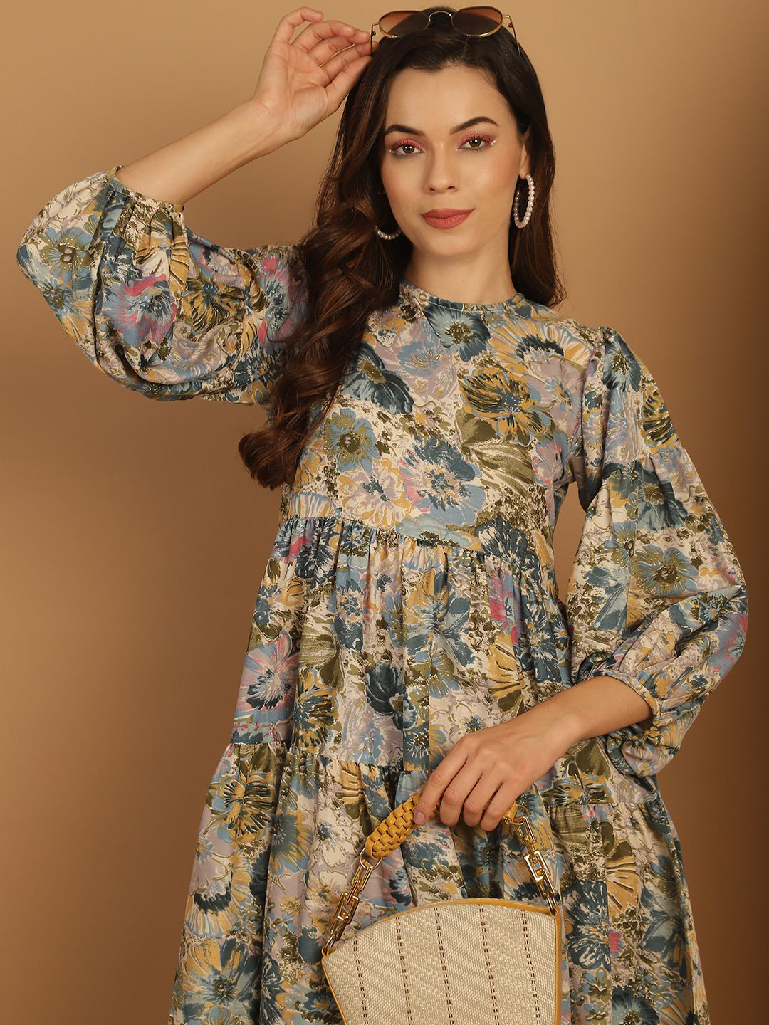 JAINISH Floral Printed Puff Sleeve Round Neck A-Line Dress