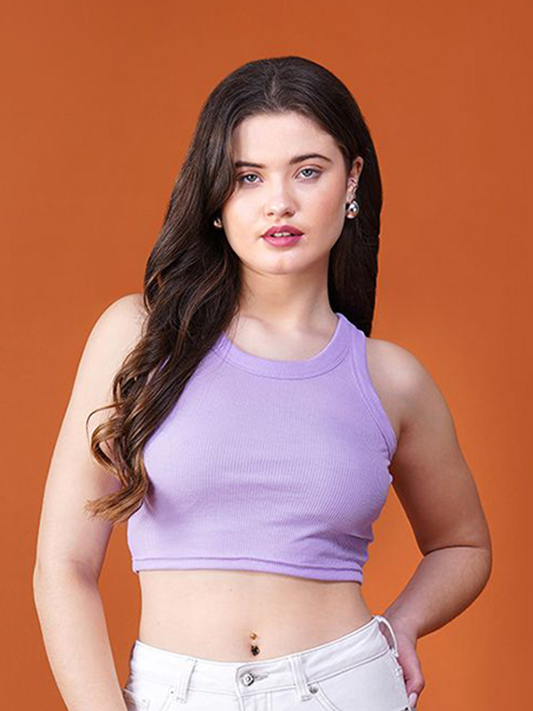 Lagashi Women Lavender Ribbed Cotton Crop Tank Top