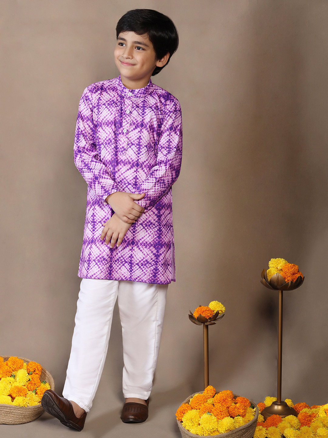 Sangria Boys Violet Geometric Printed Band Collar Sequinned Straight Kurta With Trousers