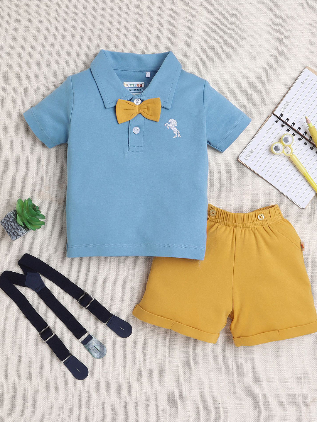 BUMZEE Infants Boys Polo Collar Pure Cotton T-shirt With Shorts And Bow Suspenders