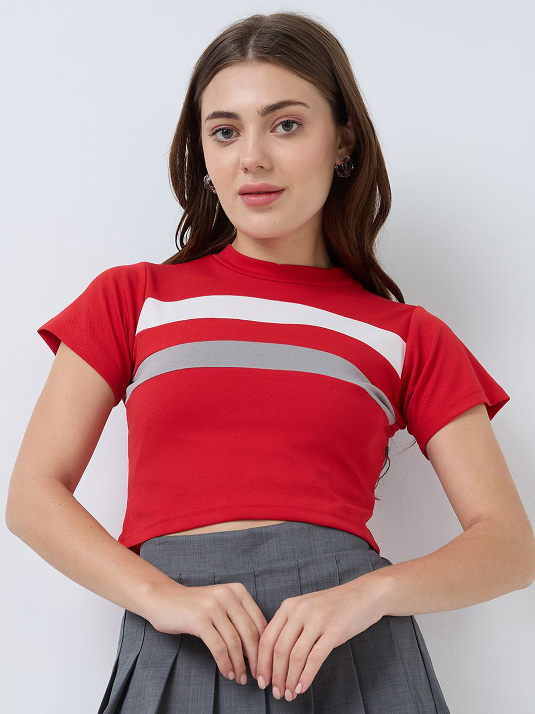 SZN Women Red Colourblocked High Neck Crop Top with Stripes