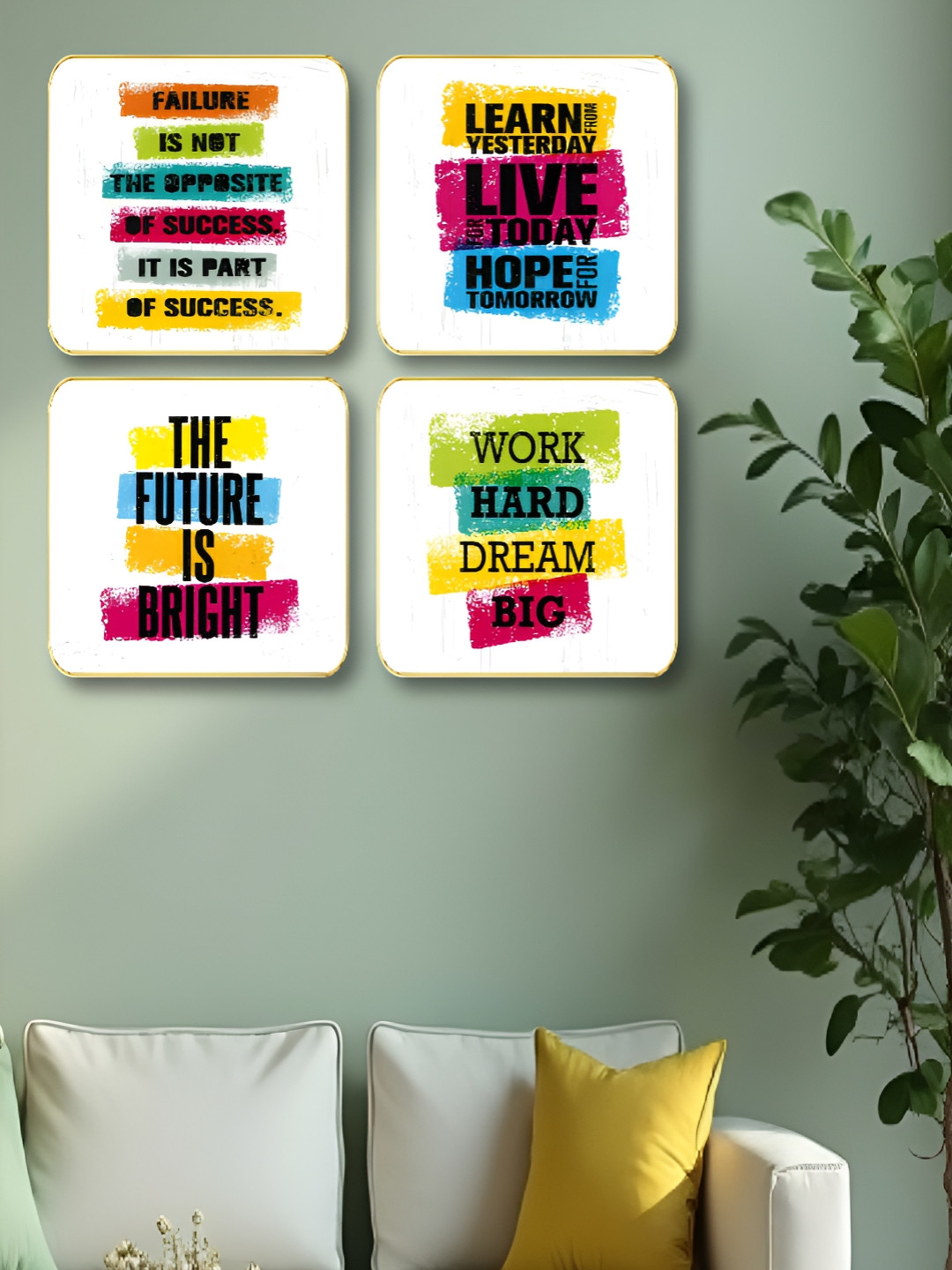 Myntra Elegant Homes Quotes Wood 4 Pcs Living Room Square Paintings Wall Art -10 x 10In