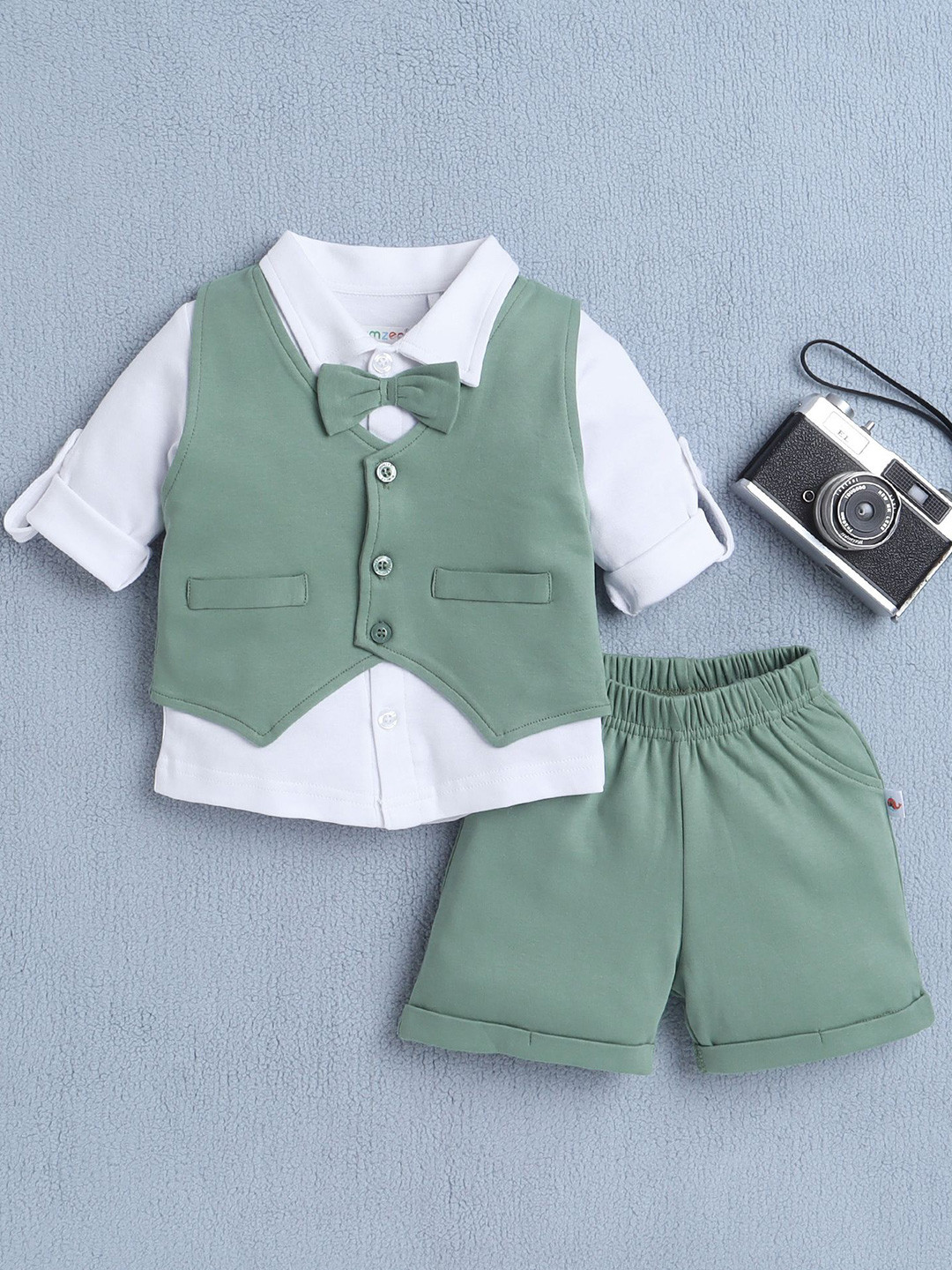 BUMZEE Boys Pure Cotton Shirt Waistcoat & Short Set With Applique Bow Age