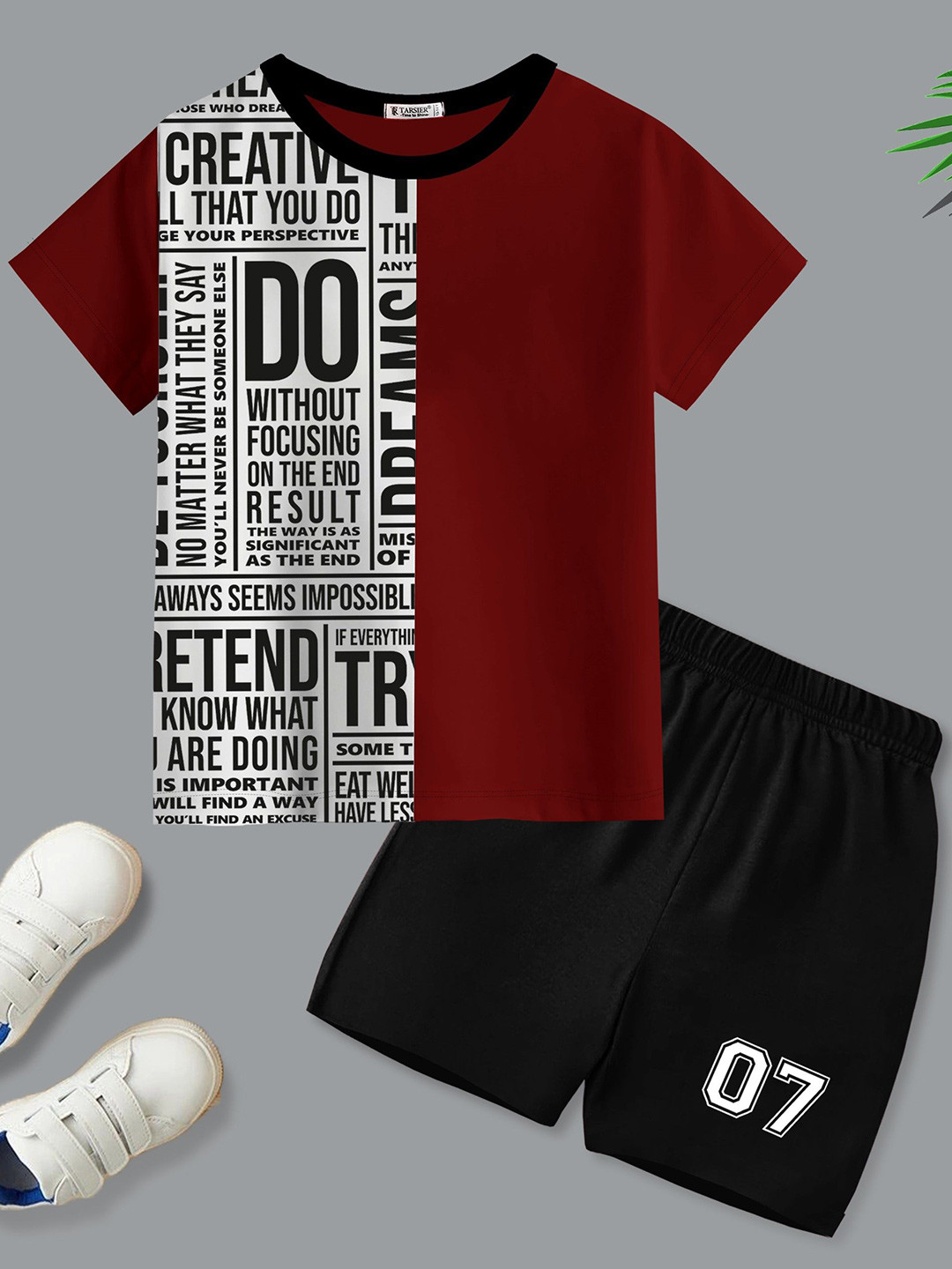 TARSIER Boys Typography Printed Pure Cotton T-shirt With Shorts