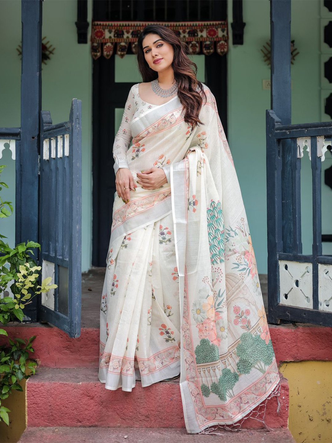 ALMAARI FASHION Floral Printed Pure Linen Banarasi Saree