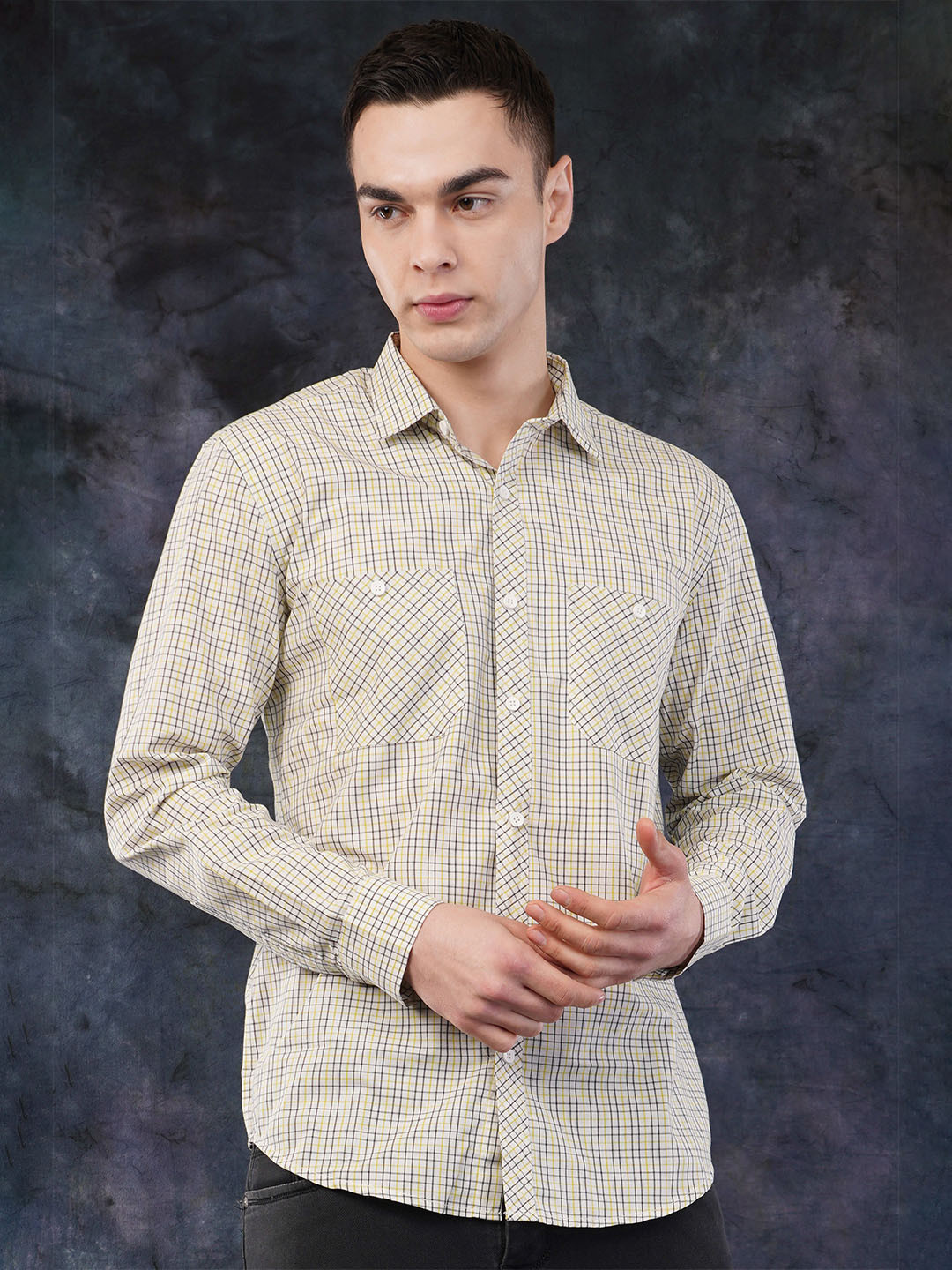 Binioz Men Classic Fit Spread Collar Grid Tattersall Checked Cotton Casual Shirt