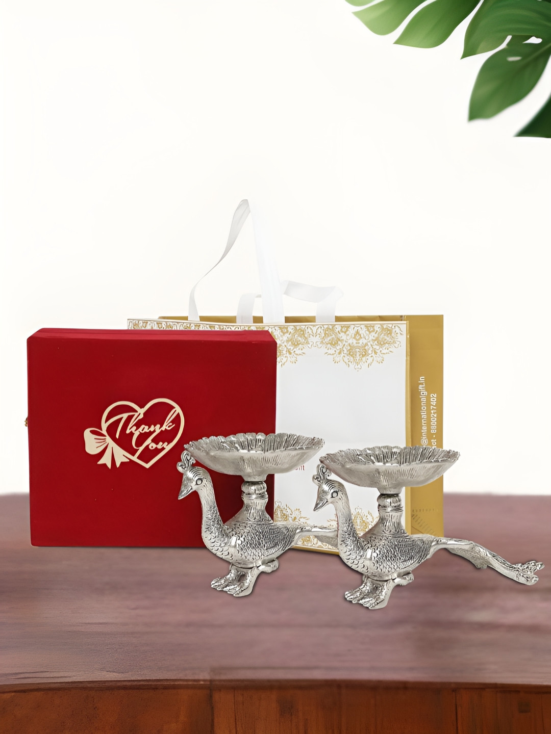 INTERNATIONAL GIFT Silver-Toned 2 Pieces Textured Peacock Bowl With Velvet Box & Carry Box