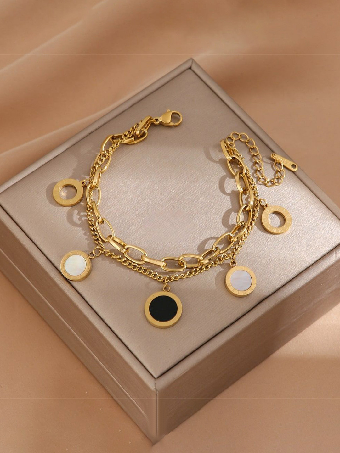 Zabby Allen Roman Stainless Steel Gold-Plated Artificial Stones Studded Charm Bracelet