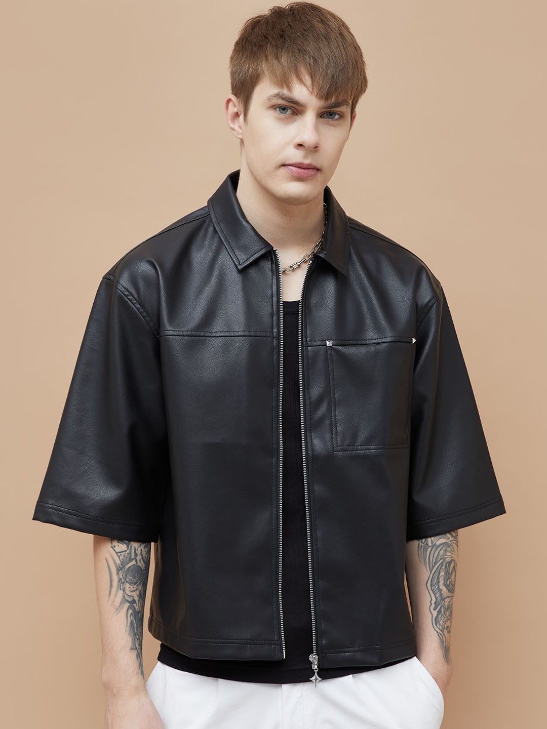 Forca Men Spread Collar Solid Casual Leather Jacket