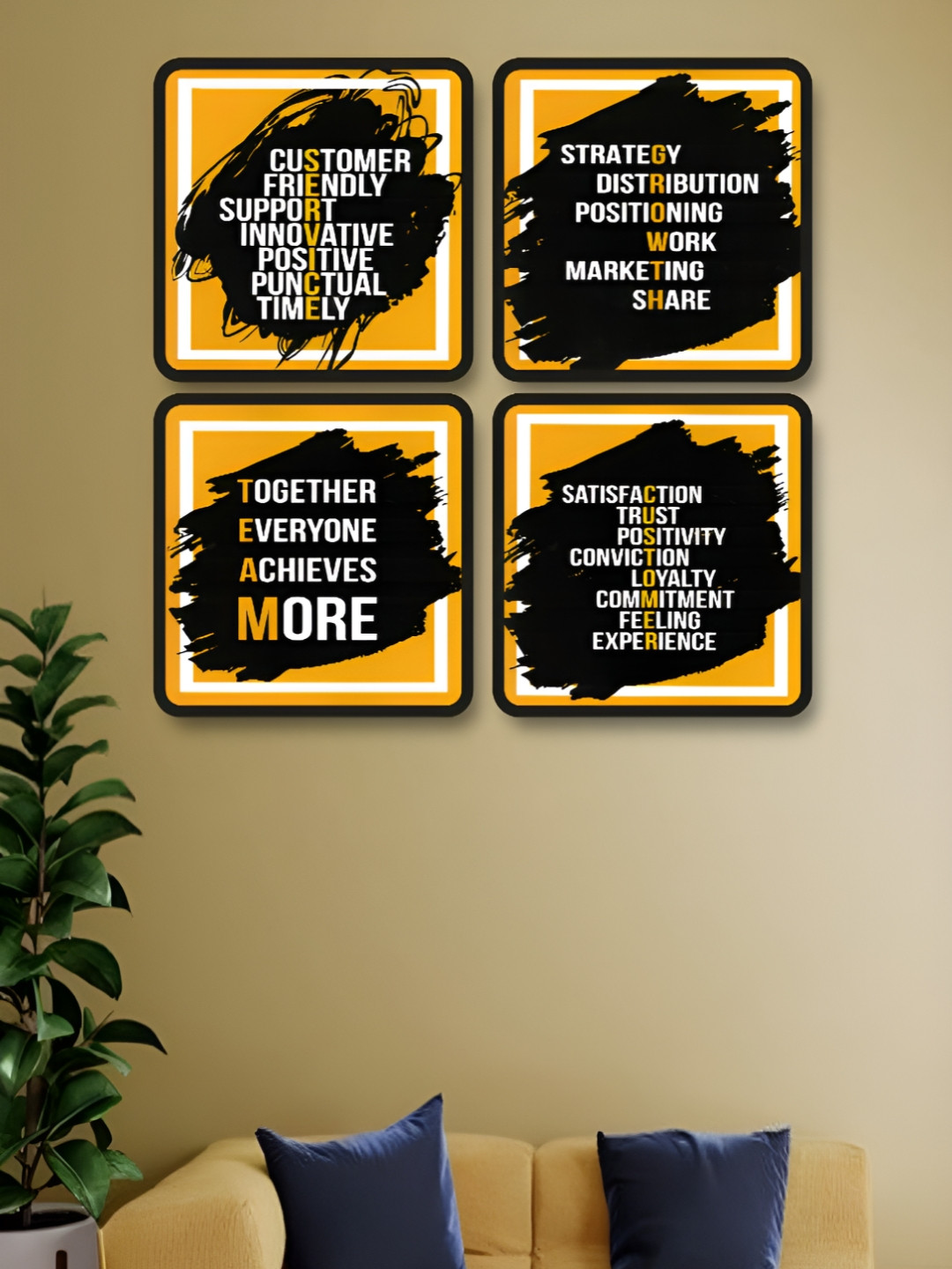 Myntra Elegant Homes Yellow And Black 4 Pieces Motivational Quotes Wood Wall Art