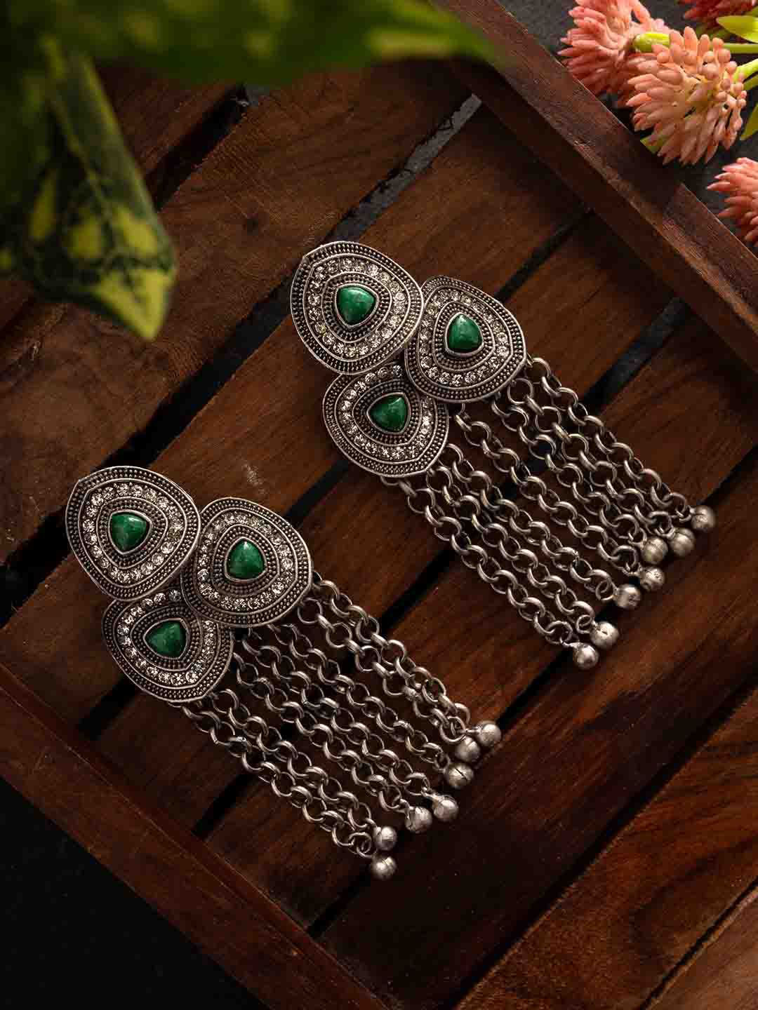PANASH Silver-Plated Stones Studded And Beaded Contemporary Shaped Oxidized Drop Earrings