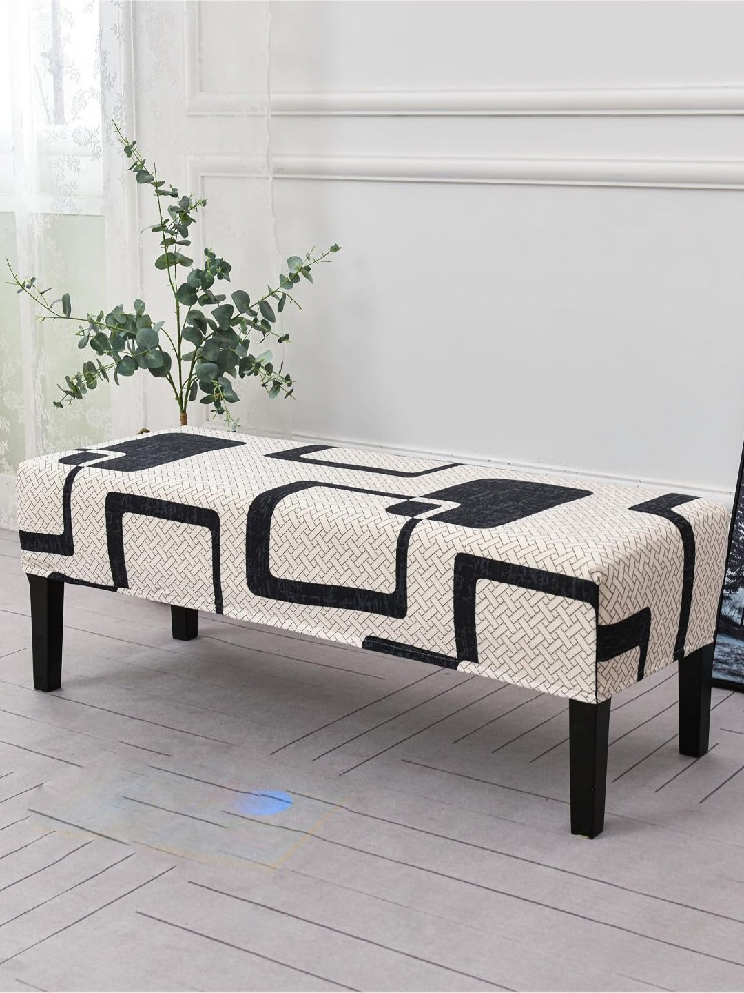 HOUSE OF QUIRK Black & White Stretchable Elastic Slipcover Washable Dining Bench Cover