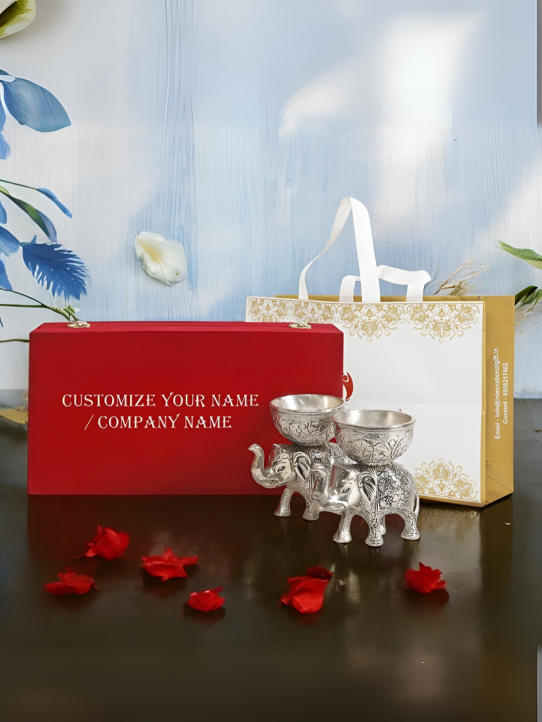 INTERNATIONAL GIFT Silver Plated 2 Pieces Elephant Bowl Set With Velvet Box & Carry Bag