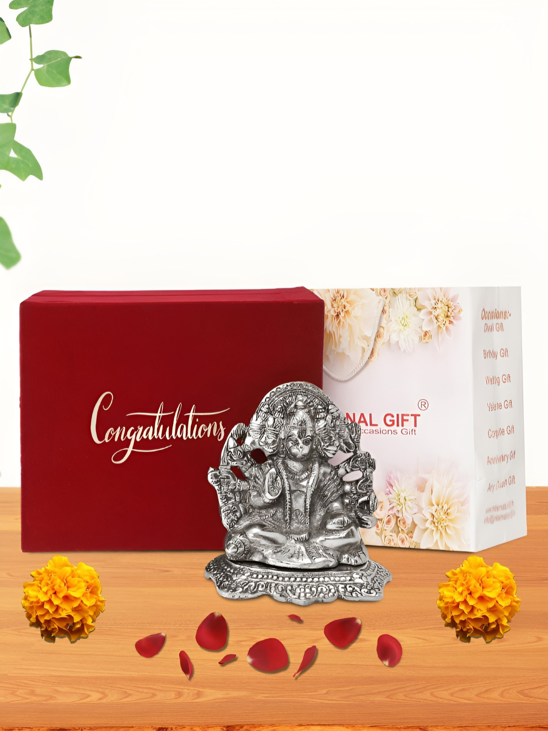 INTERNATIONAL GIFT Panchmukhi with Box, Bag and 'Congratulations' Personalized Tag Silver Metal Metallic Prayer Room Medium Showpiece - 2.2 Inches