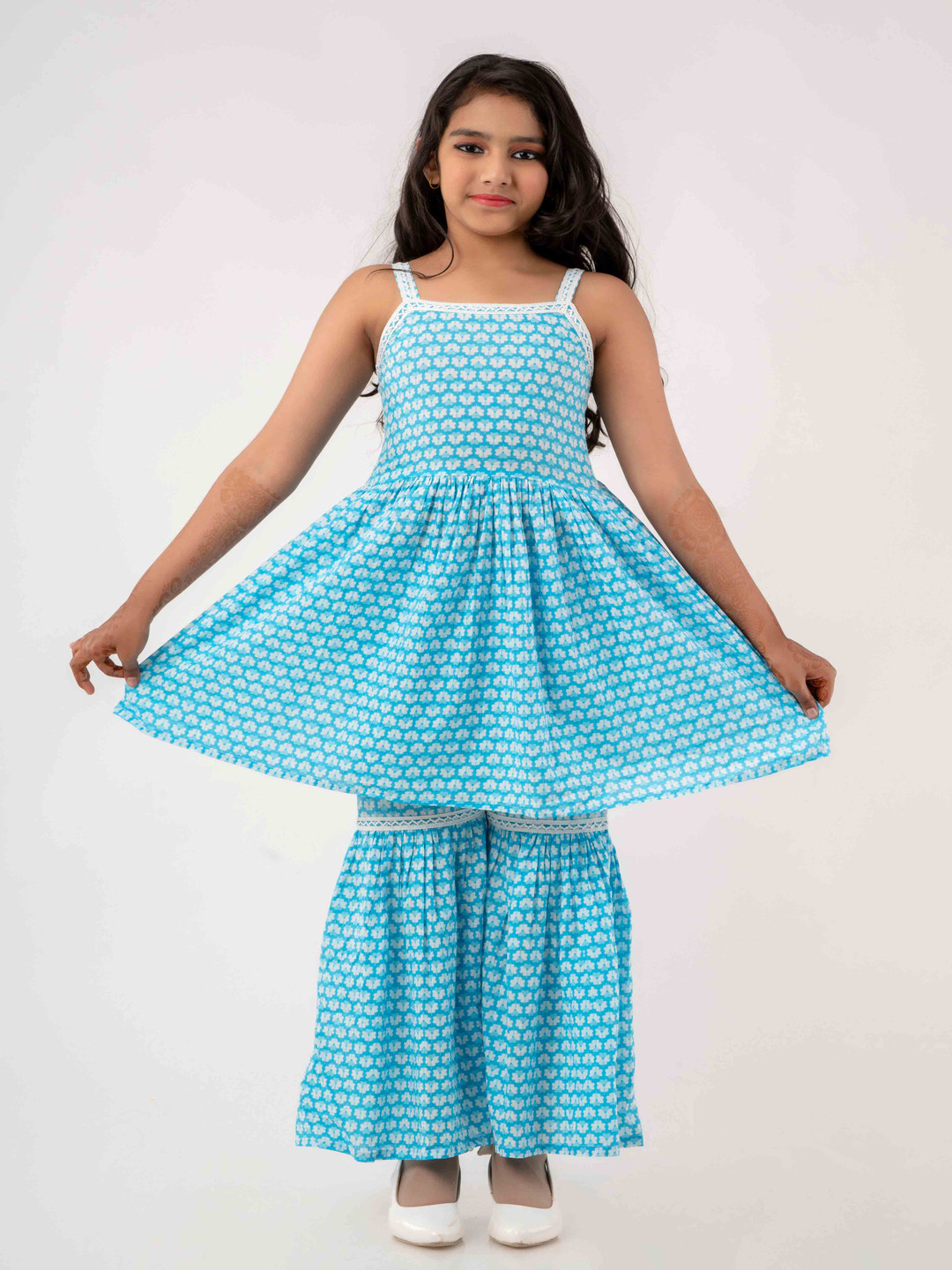 TUNIYA Girls Floral Printed Cotton Blend Shoulder Straps Anarkali Kurta With Sharara