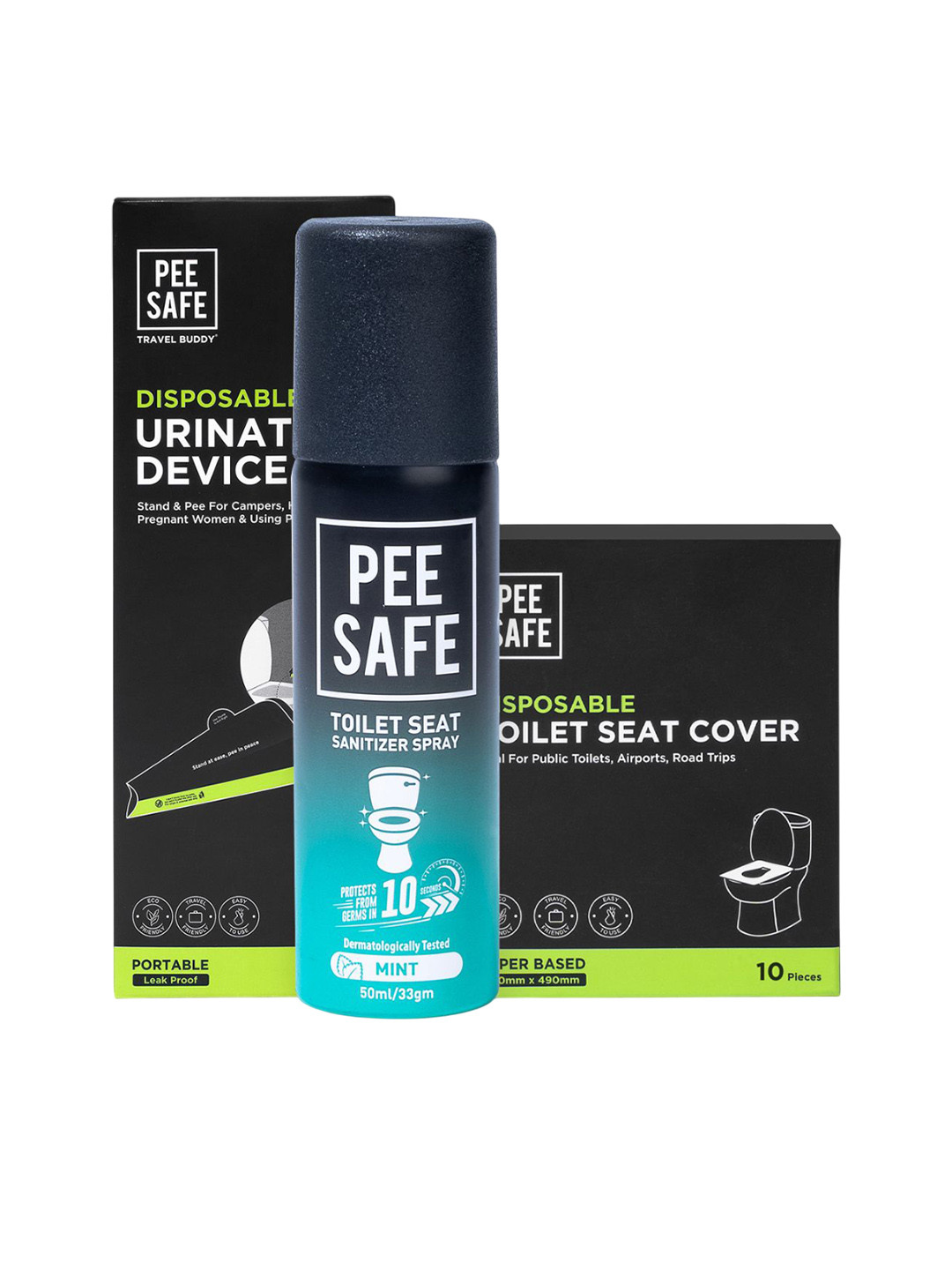 PEESAFE Toilet Hygiene Combo- Mint Sanitizer- 50 ml & 6 Urination Funnels