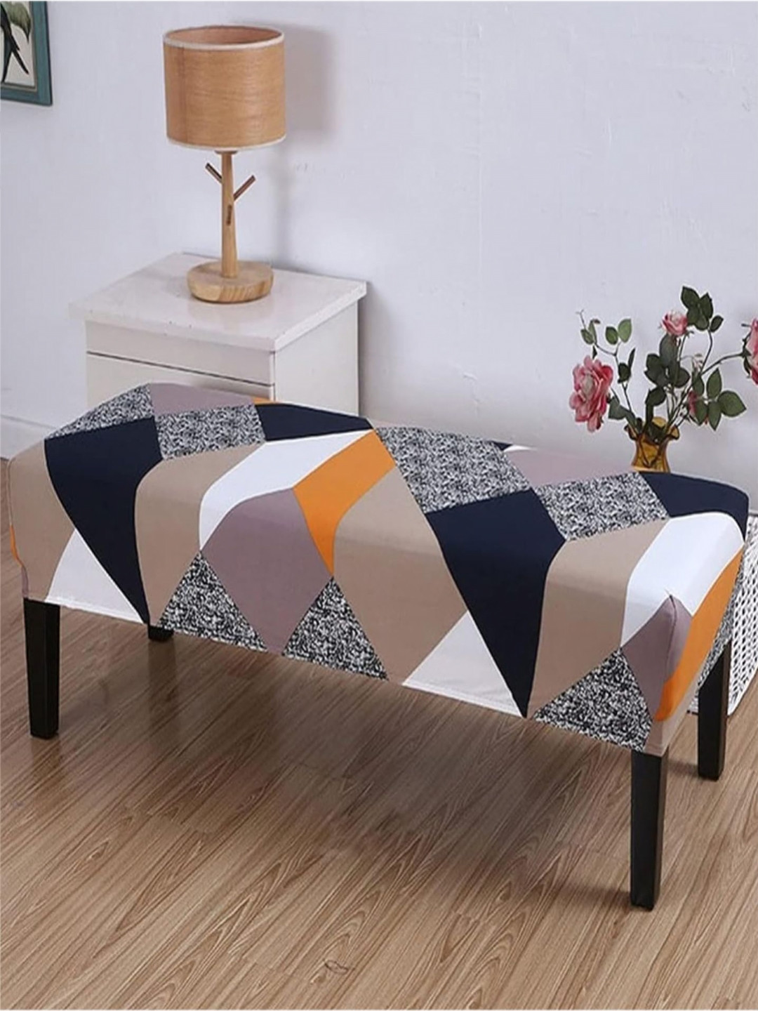 HOUSE OF QUIRK Grey & White Stretchable Elastic Slipcover Washable Dining Bench Cover