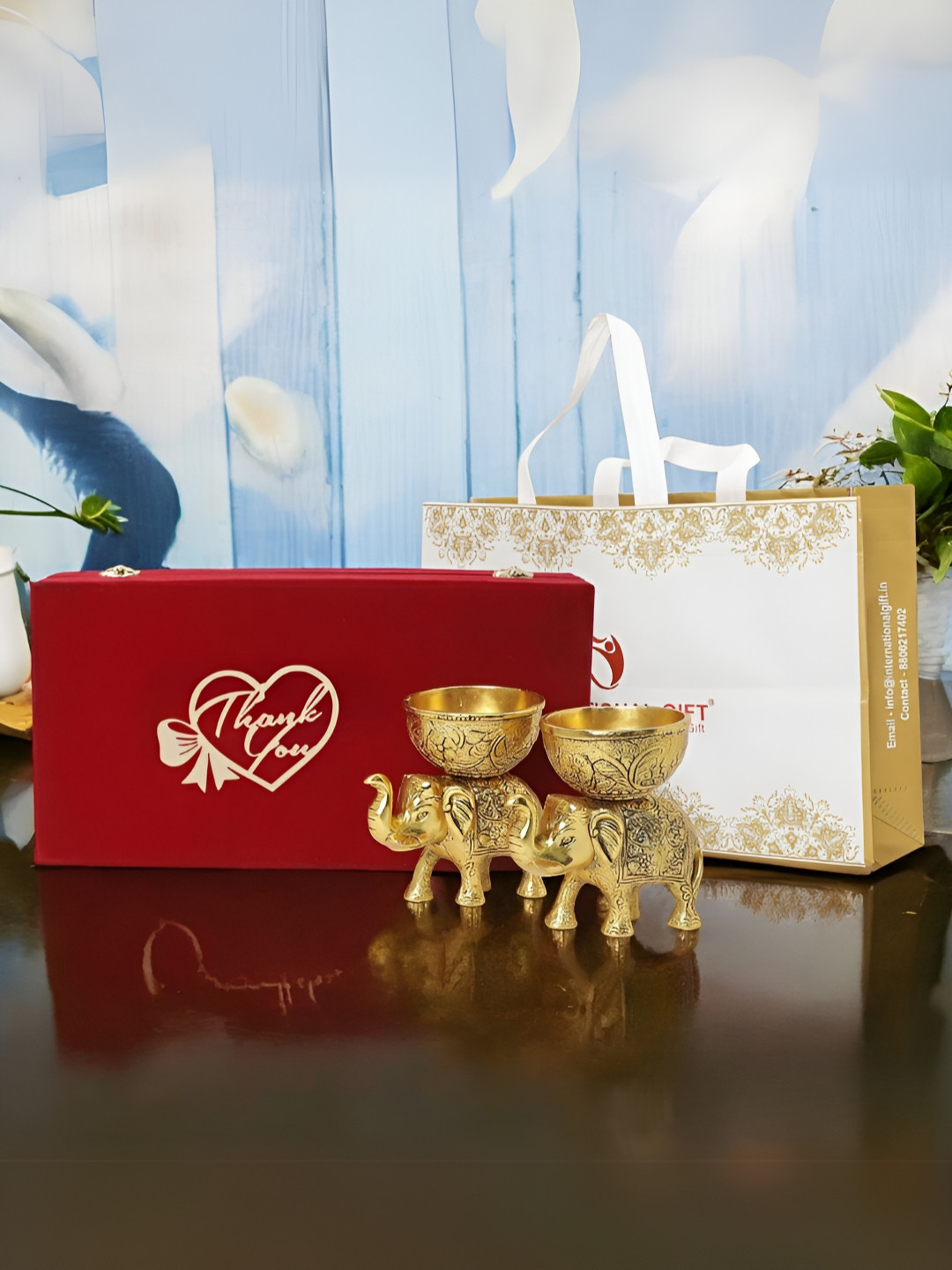 INTERNATIONAL GIFT Gold Toned 2 Pieces Elephant Bowl Set With Velvet Box & Thank You Tag