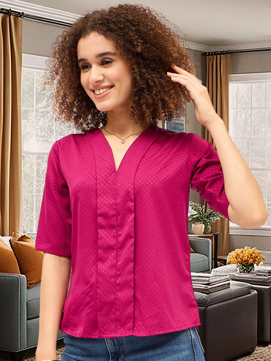 DressBerry Women Self Design V-Neck Shirt Style Top