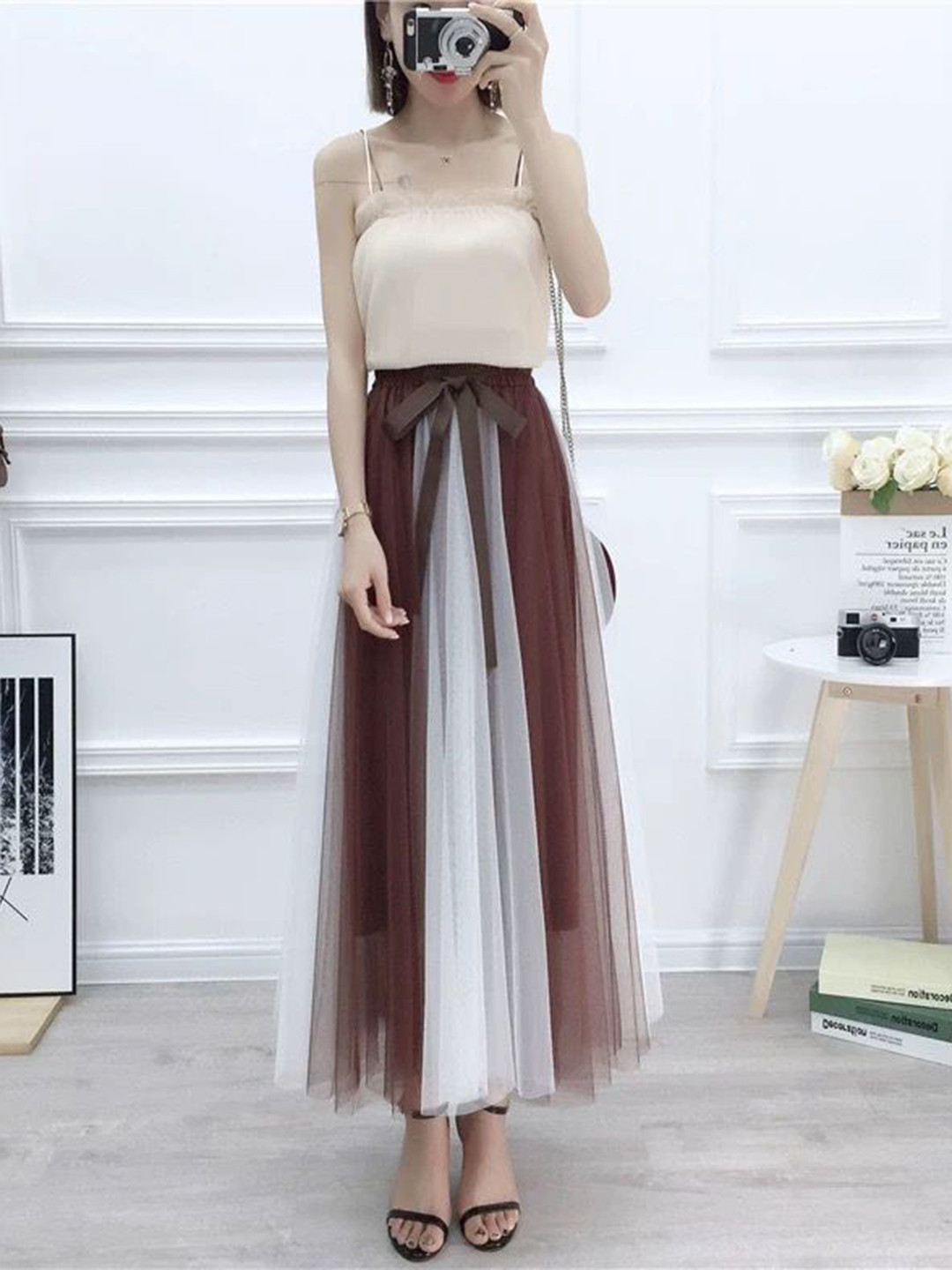 MADE FOR HER LABEL Marila Double Colour Half and Half Mesh Skirt For Women