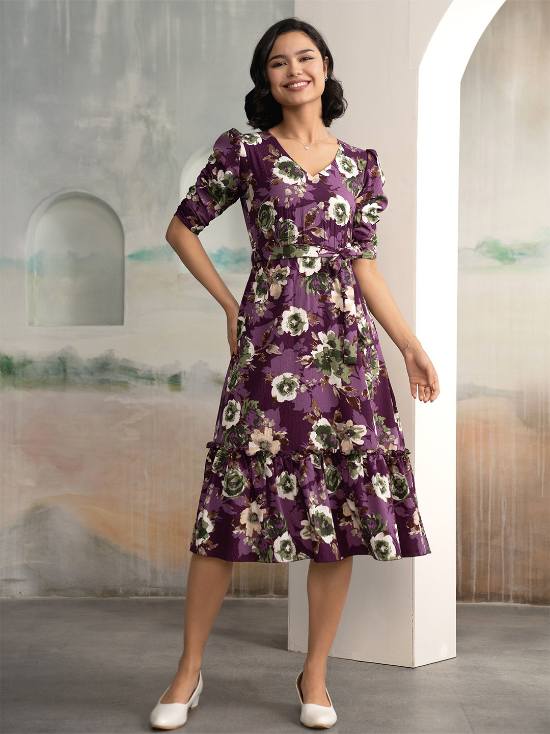 AASK Women Wine Floral Crush Crepe Tiered Midi Length Drop- Waist Dress