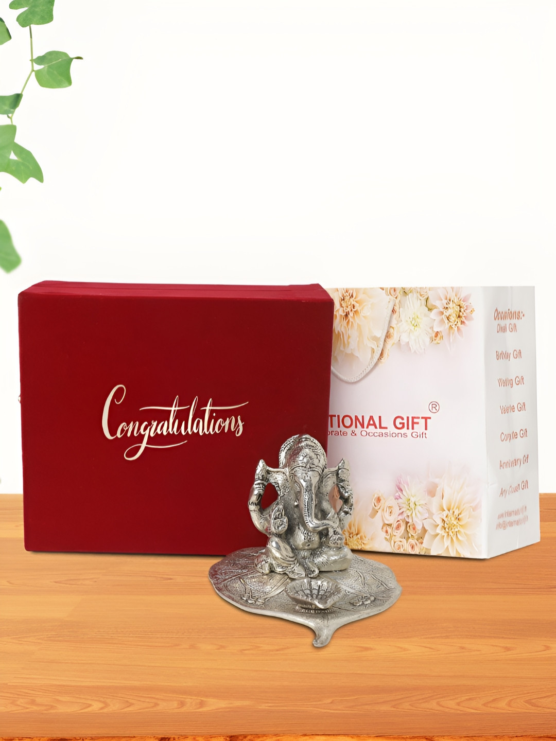 INTERNATIONAL GIFT Patta Ganesh Idol with Box, Bag and 'Congratulations' Personalized Tag Silver Metal Metallic Prayer Room Small Showpiece - 6.5 Inches