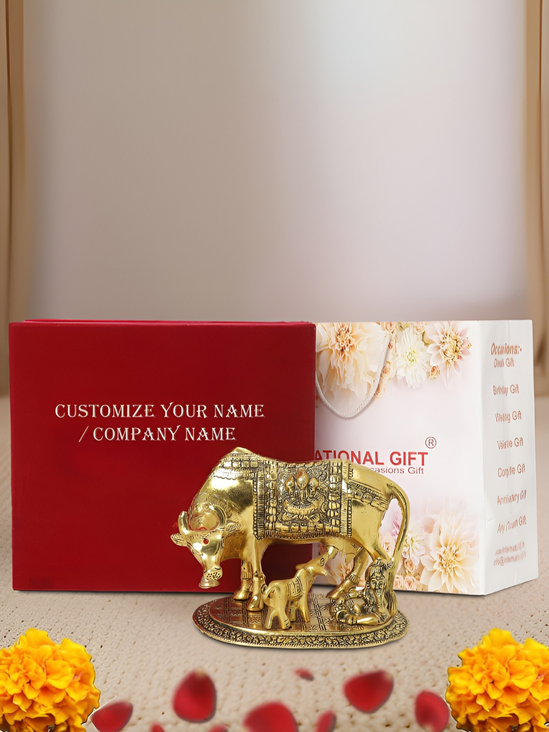 INTERNATIONAL GIFT Kamdhenu Cow with Box, Bag and Personalized Tag Gold Metal Metallic Prayer Room Medium Showpiece - 6.5 Inches